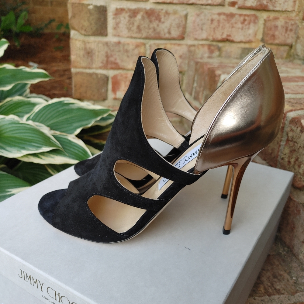 Jimmy Choo Tarine WITH BOX Suede Cutout Bootie Sandal, Black/Mirrored Nude 38.5 - Picture 10 of 16